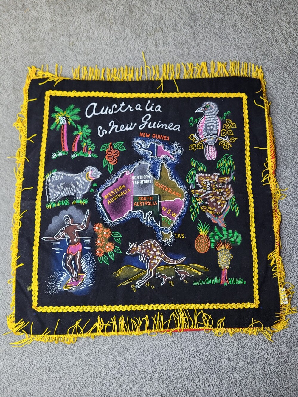 Vtg Australia New Guinea Painted Black Velvet Fringe Souvenir Pillow Case 16x16